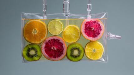 IV vitamin drip bag with fresh fruit slices