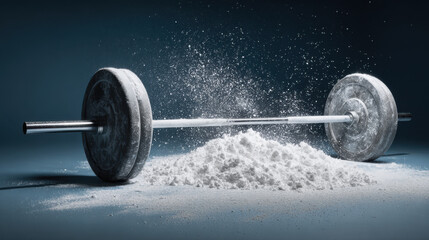 Barbell with white powder against dark background