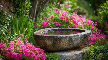 Stone basin holding water in tranquil garden