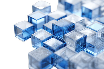 Translucent, geometric cubes with blue accents form an abstract arrangement