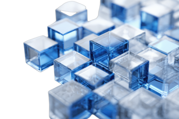 Translucent, geometric cubes with blue accents form an abstract arrangement