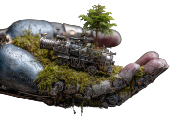 Robotic hand cradles miniature steam engine, moss, and tiny tree
