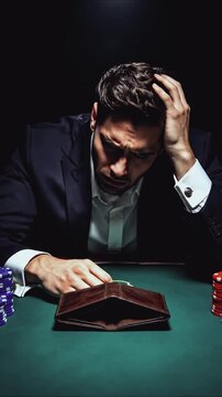 Vertical video of a devastated man in a suit sitting at a poker table with an empty wallet. Gambler feeling despair and stress after losing a game. Gambling addiction and bankruptcy concept