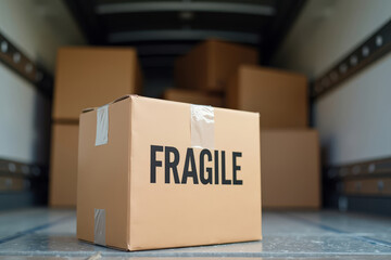 Fragile Box Inside Moving Truck. Cargo Transportation Safety Concept. Professional Relocation Packaging