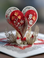 Valentine's pop-up card as 3D paper heart red and white colors, intricate paper engineering, creative card concept