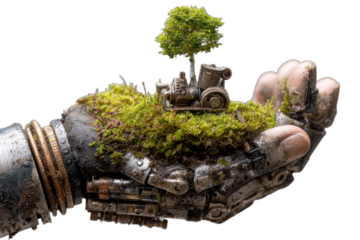 A mechanical hand cradles a miniature landscape of moss, plants, and a tiny machine