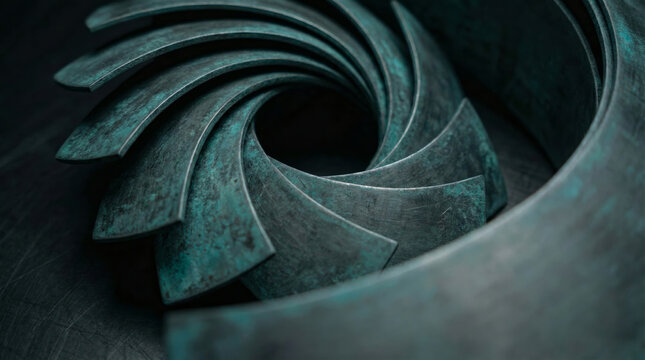 An abstract close-up of overlapping dark metal curves with a brushed steel texture and oxidized edges, creating a modern architectural or industrial background.