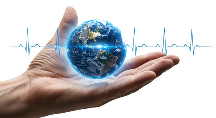 Close up of a human hand cradling a glowing earth with a blue ekg heartbeat line superimposed, symbolizing global health