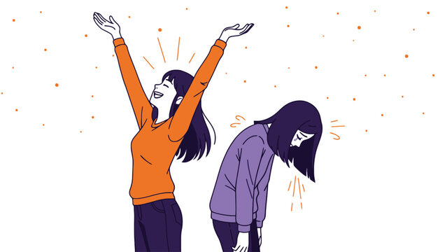 Two women experiencing different emotions, happiness and sadness, illustration