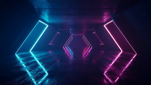 Futuristic tunnel with glowing neon blue and pink geometric shapes - Powered by Adobe