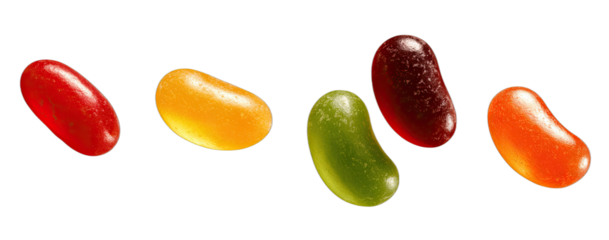 Five colorful oval candies arranged on a black background