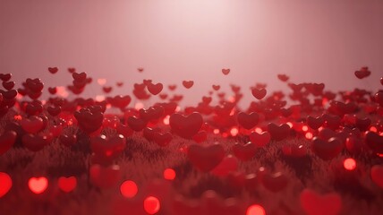 A sea of red hearts floating in a blurred romantic and dreamy landscape
