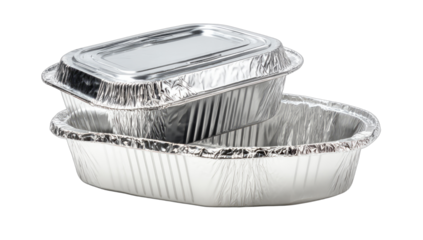 Two shiny aluminum foil food containers, one with lid, stacked