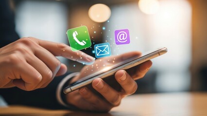 Hands holding smartphone displaying glowing contact communication icons in a blurred background.