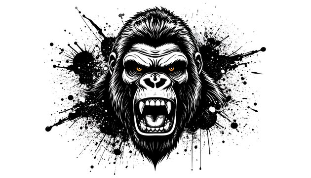Black and white illustration of an angry gorilla head