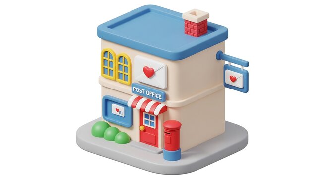 Cartoon-style post office with blue roof, yellow windows, and red door.