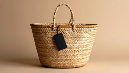 Rectangular woven basket with black handle and tag made from natural straw fibers on warm beige background.