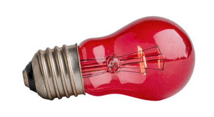 A single red incandescent light bulb with a metal base against black