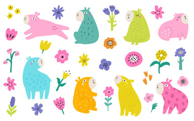 Cute Capybara Vector Set with Colorful Flowers. Bright Kids Illustrations
