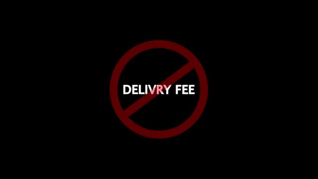 A circular red and black no delivery fee text icon animation. stop, not allowed and ban concept animation