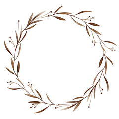 Naklejka premium Watercolor round chaplet with with brown flowers with leaves. Hand drawn illustration circle wreath, with plants on isolated background. Frame with branches with round buds.