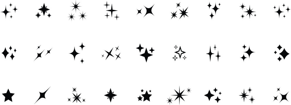 Sparkle star icon set. Simple star burst symbol. Vector set of different black sparkles icons on transparent background.