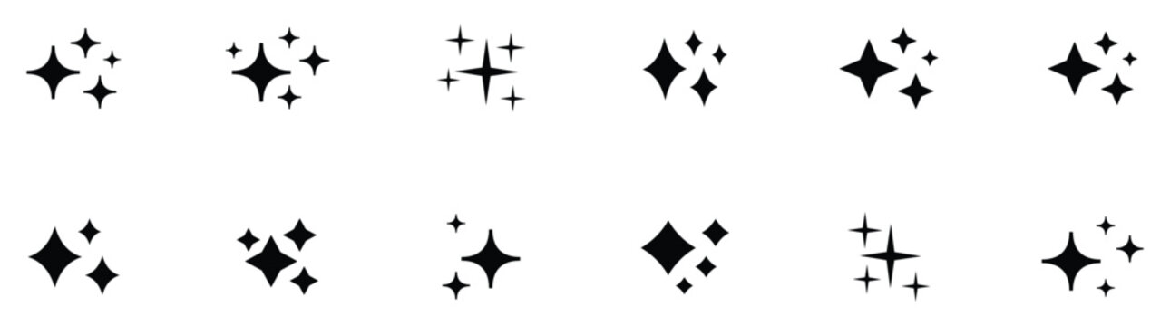 Sparkles, stars and bursts icons. Twinkling stars. Vector set of different black sparkles icons.