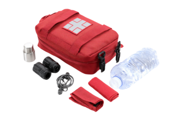 First aid emergency survival kit isolated on transparent background