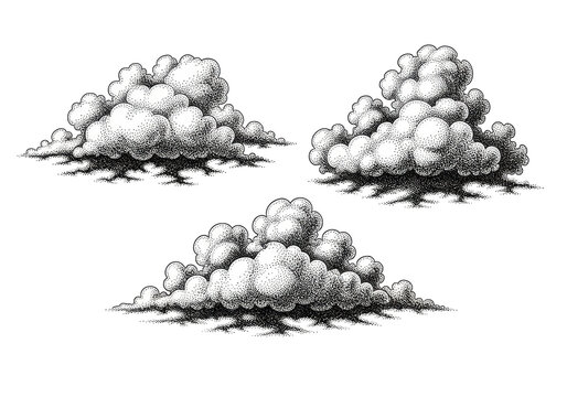 Three highly detailed black ink stippling illustrations of cirrus, cumulus, and stratus clouds presented as a top-down scientific diagram on a stark white background. Concept of antique meteorology