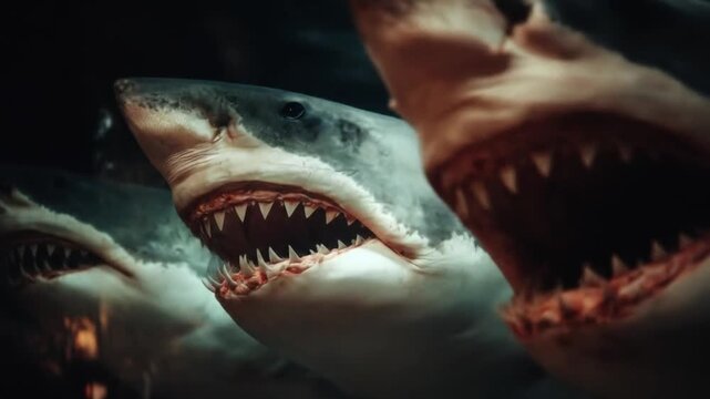 Dark, menacing sharks with wide jaws and razor teeth swarm through murky blue depths. in deep gloom