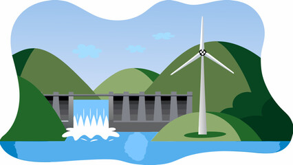 Scenic landscape featuring a wind turbine hydroelectric dam and mountainous terrain