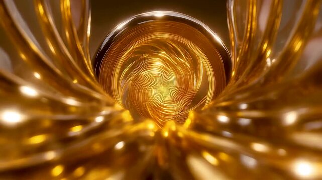 Perfect Nautilus shell splits open revealing an infinite golden spiral. Liquid gold and glass textures shine with heavenly Volumetric Lighting glow.