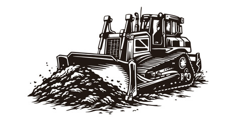 Powerful crawler bulldozer pushing a large pile of dark earth. © Alex