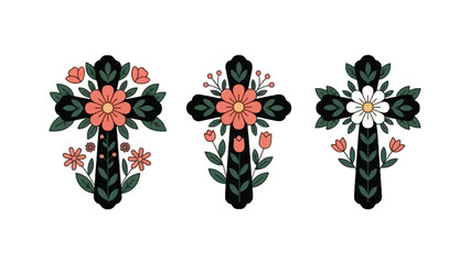 Decorative crosses adorned with vibrant flowers and leaves, symbolizing faith and beauty.