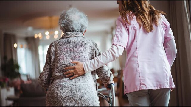 Caring Support for Elderly Woman Walking With Assistance in a Warm Indoor Space During Afternoon Hours