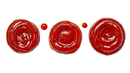 Three circular dollops of red sauce with small droplets on black
