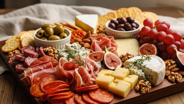 Wooden tray with a variety of food items including cheese, olives, grapes
