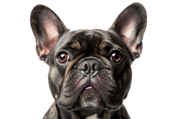 Close-up portrait of a French bulldog head looking at the camera. Detailed realistic dog face isolated on transparent background.