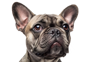 Close-up portrait of a French bulldog head looking at the camera. Detailed realistic dog face isolated on transparent background.