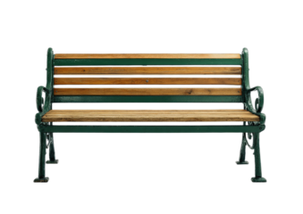 A weathered wooden park bench with decorative metal supports