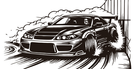 Aggressive drift car sliding close to a track wall. © Alex