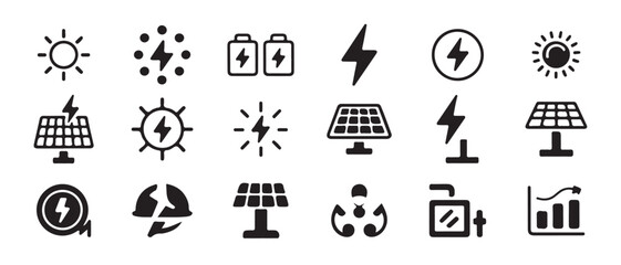 Fototapeta premium A set of solar energy and electricity icons including suns, solar panels, and lightning bolts