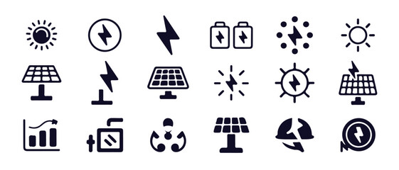 A collection of solar energy and electricity icons with sun, solar panels, and power indicators © MD.RAHIM