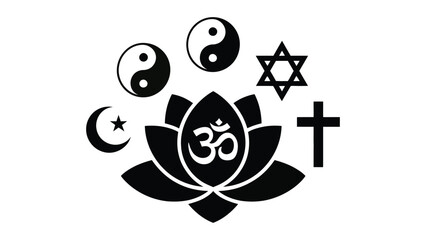  Religious symbols illustration with lotus flower and icons of major faiths including islam christianity hinduism judaism and eastern beliefs representing spirituality unity and interfaith harmony