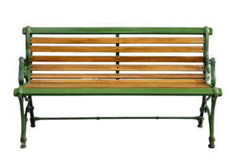 Classic park bench with green metal frame and wooden slats