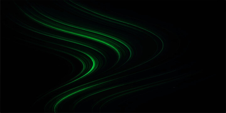 Abstract green background featuring an artistic wave pattern with glowing blue fractal lines and futuristic digital energy curves flowing across a dark textured motion backdrop illustration