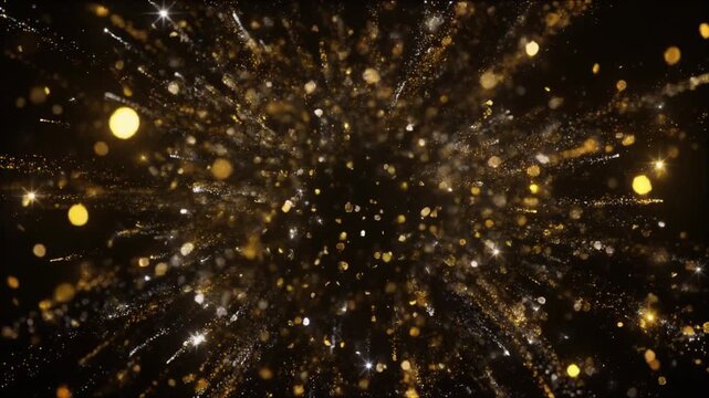 A cinematic slow-motion explosion of gold and silver glitter particles, bursting outward in 