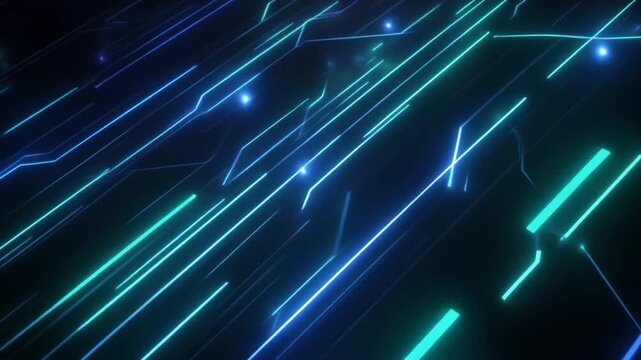 Abstract digital circuit lines moving smoothly across a dark background, neon blue and cyan