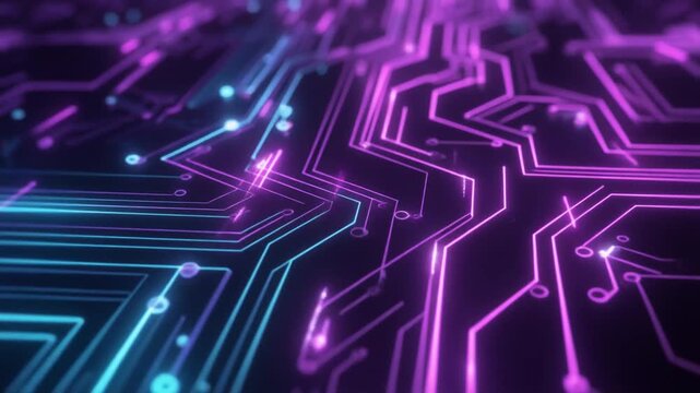 Abstract digital circuit lines moving smoothly across a dark background, neon blue and cyan