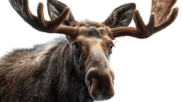 close up of massive moose head and shoulder isolated on white background 